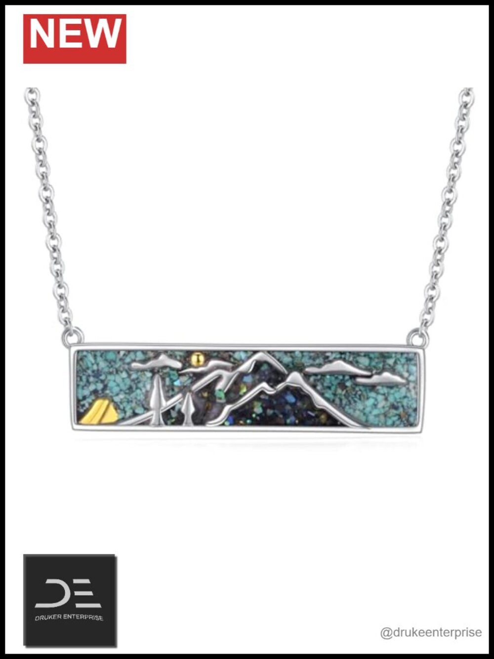 925 Sterling Silver Mountain Turquoise Pendant Necklace for Hiking Camping